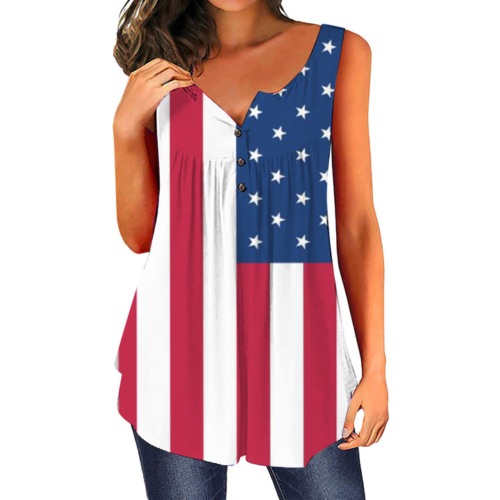 Dame afslappet bluse med knapliste og flagmotiv Stilla