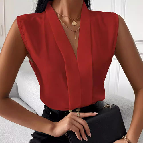Dame elegant bluseshirt med dyb V-udskæring og glat fald Stilla