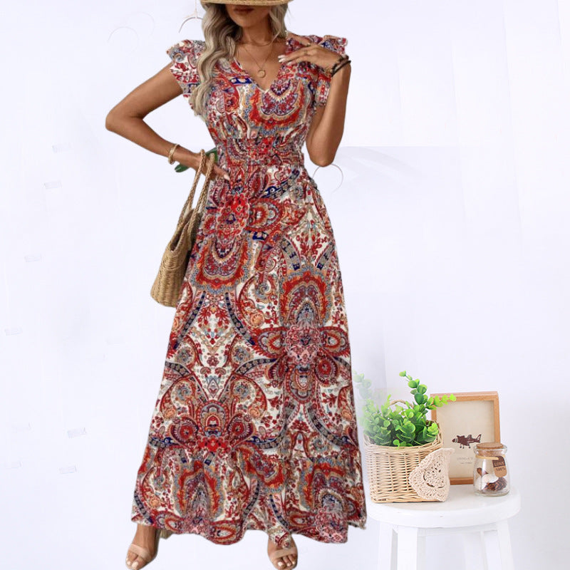Femme Elegante Bohemian Maxi Kjole med korte ærmer Stilla