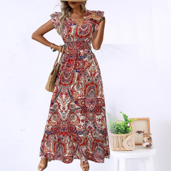 Femme Elegante Bohemian Maxi Kjole med korte ærmer Stilla