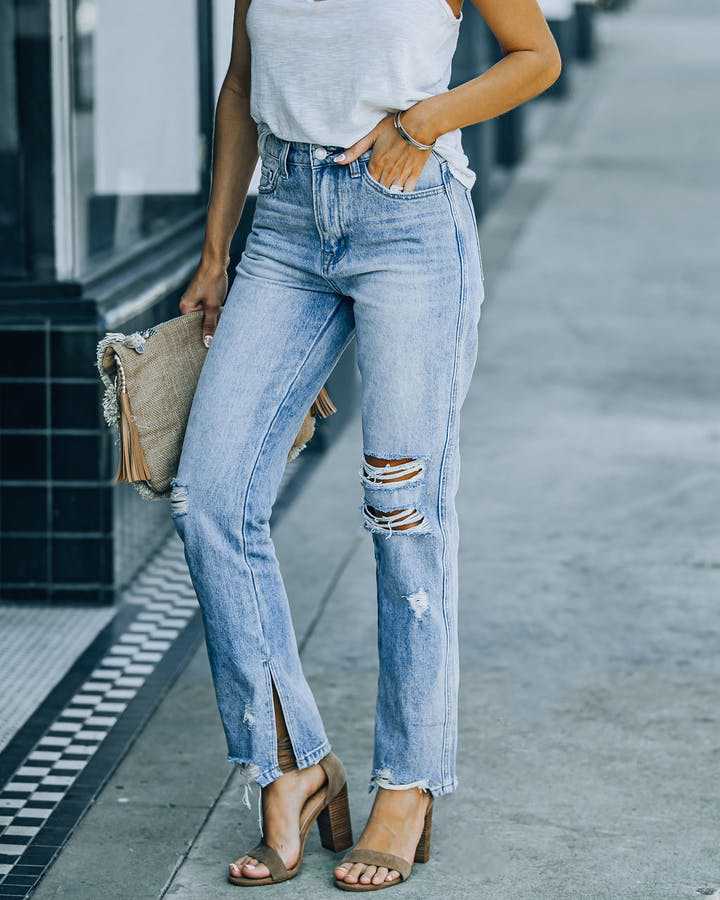 Dame High-Waist Jeans med frayed afslutninger og ripped-detaljer Stilla