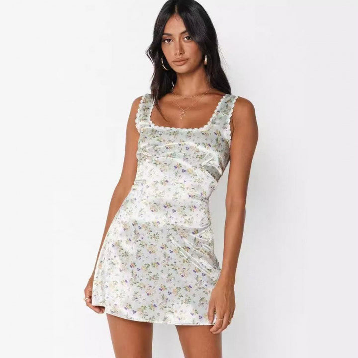 Dame blomstertryk satin mini kjole Stilla