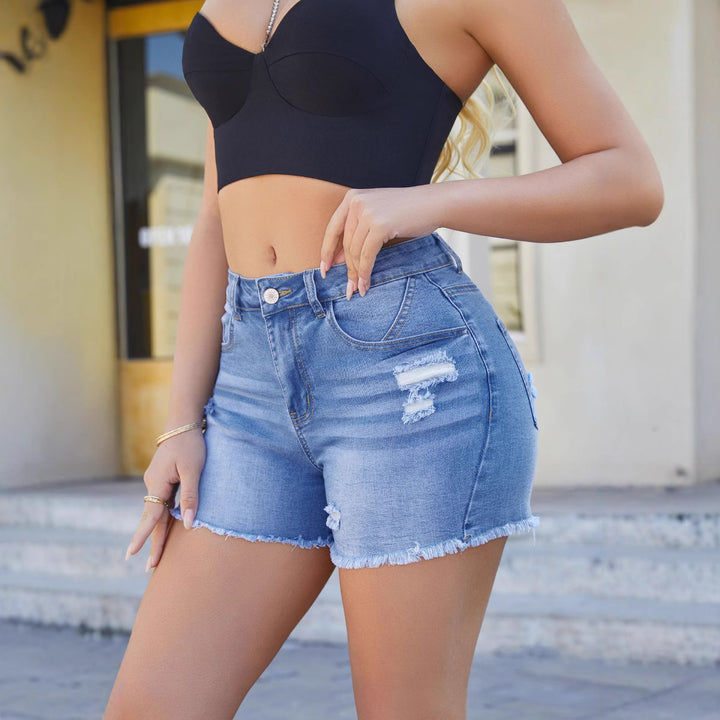 Dame Modiske High-Waist Denim-Shorts med Destroyed-detaljer og afslappet snit Stilla