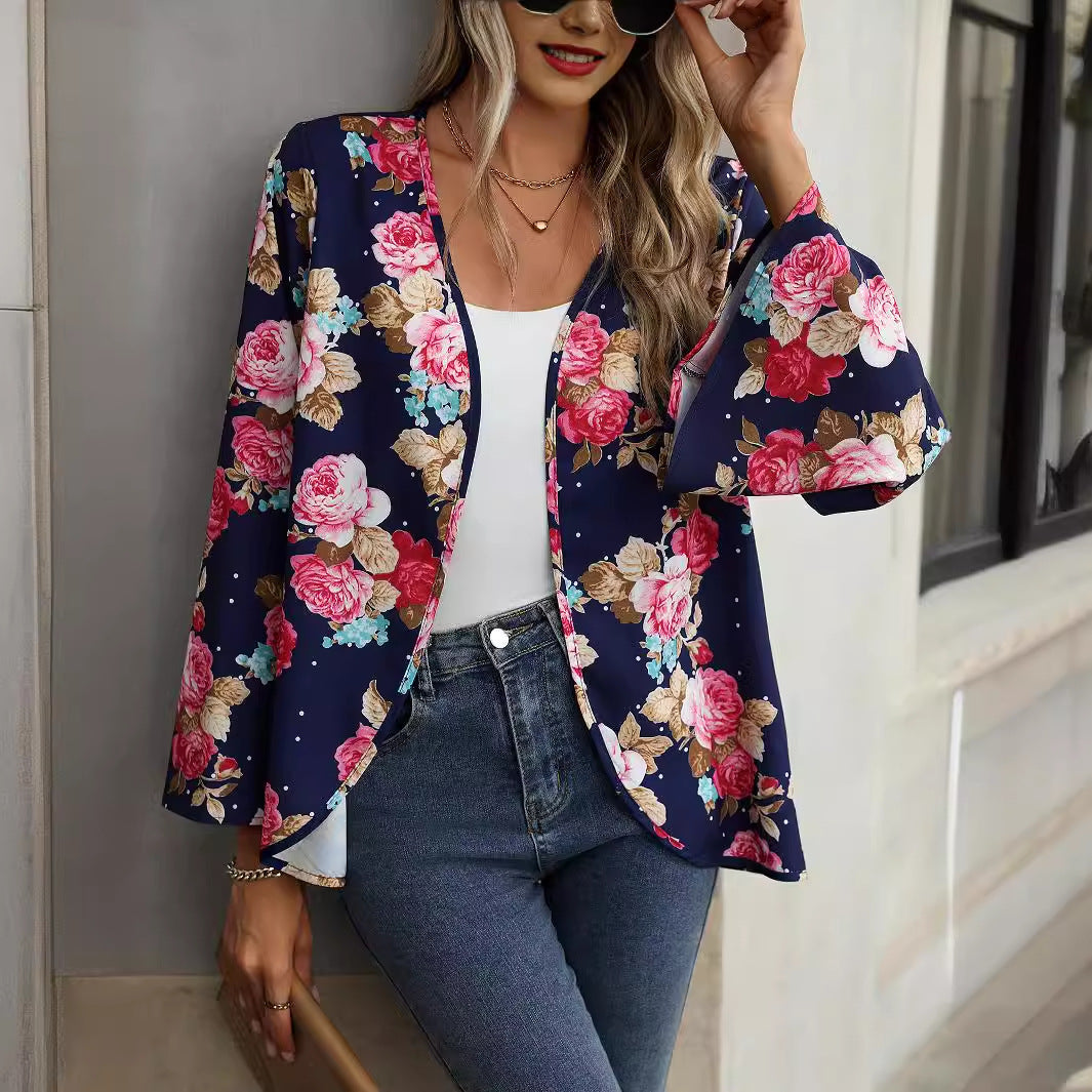 Damer Blomsterdesign Kimono-jakke med vidt udstyrede ærmer Stilla