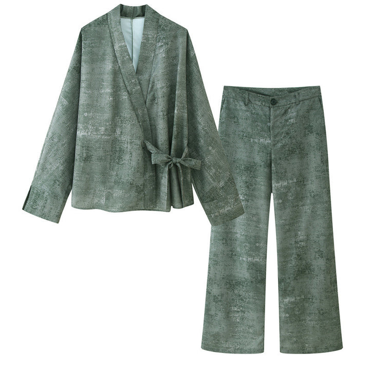 Femme Elegante Wrap Blouse og Wide Pants Sæt Stilla