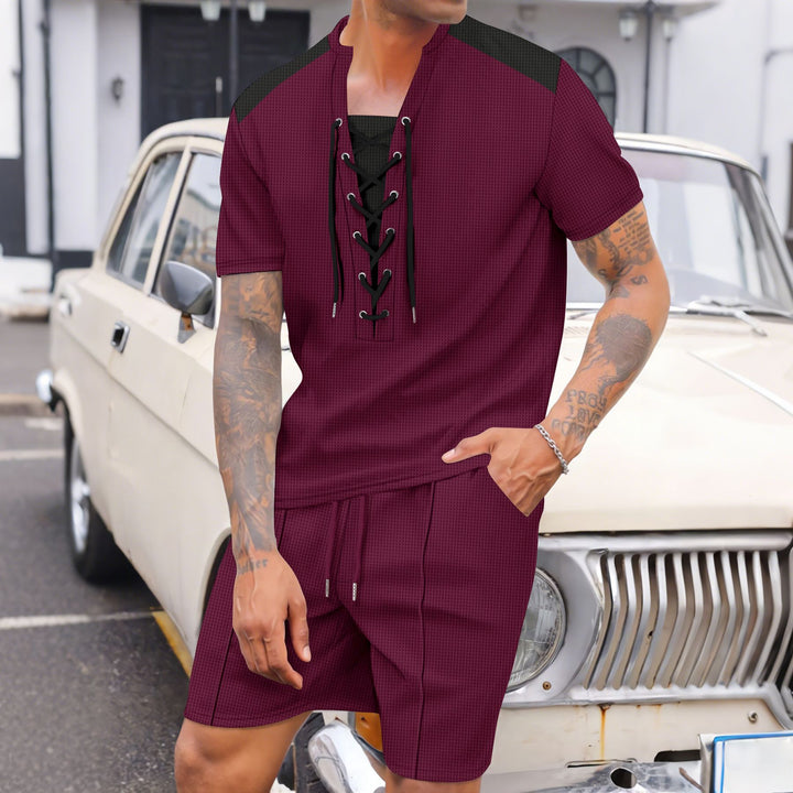 Herrer afslappet kortærmet skjorte med snøring og shorts Stilla