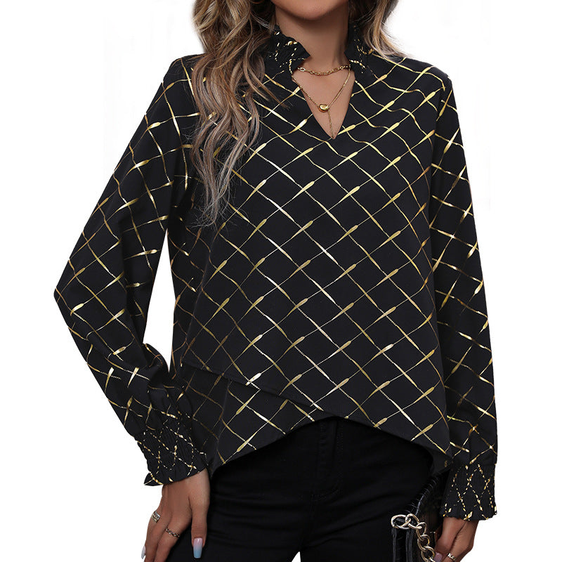 Dame Elegant Bluse med skinnende ternet mønster Stilla