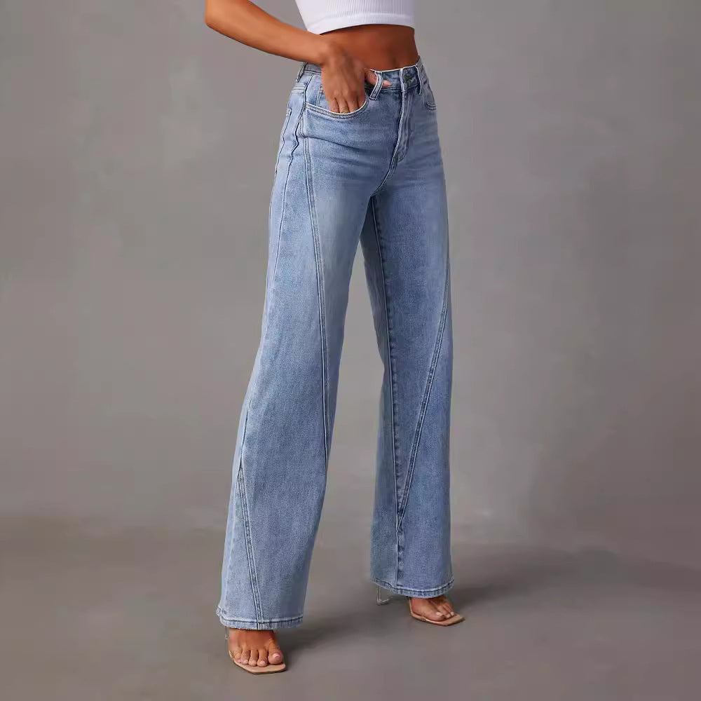 Dame bred denim jeans med høj talje og moderne syninger Stilla