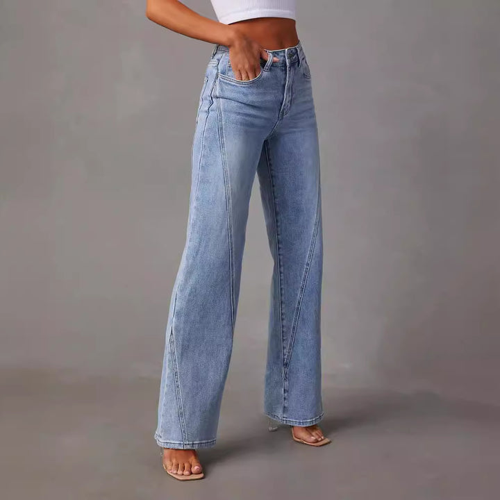 Dame bred denim jeans med høj talje og moderne syninger Stilla
