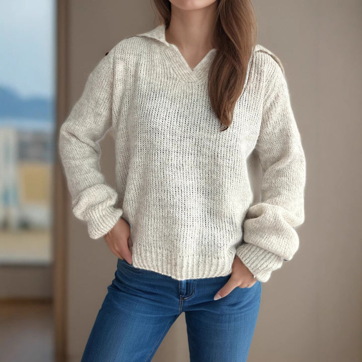 Kvinders afslappede strikket sweater med V-hals og voluminøse ærmer Stilla