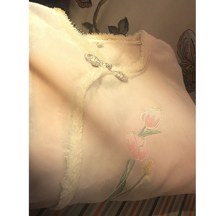 Dame blød hjemmejakke med elegant blomsterbroderi Stilla