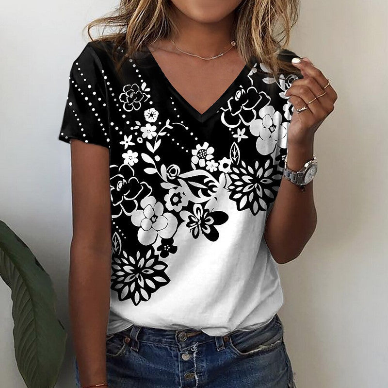 Dame V-hals T-shirt med blomstret design Stilla
