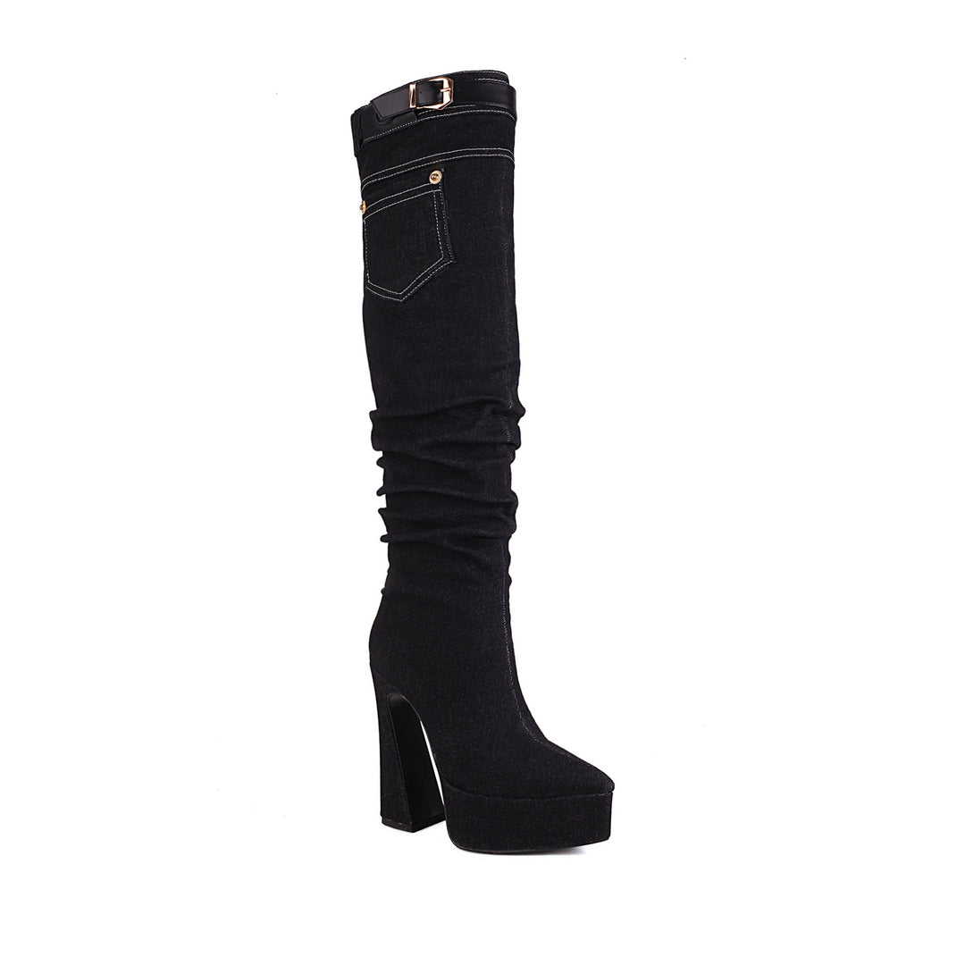 Femme Denim Over-knæ Platform Stiletto Støvler med Bælte-design Stilla