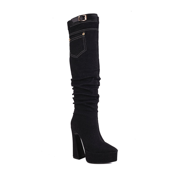 Femme Denim Over-knæ Platform Stiletto Støvler med Bælte-design Stilla
