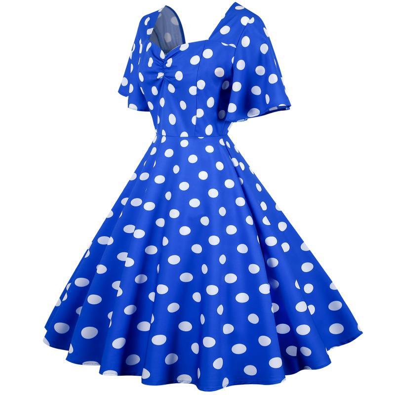 Damer Rockabilly kjole med legesyge polka prikker mønster og svajende kant Stilla