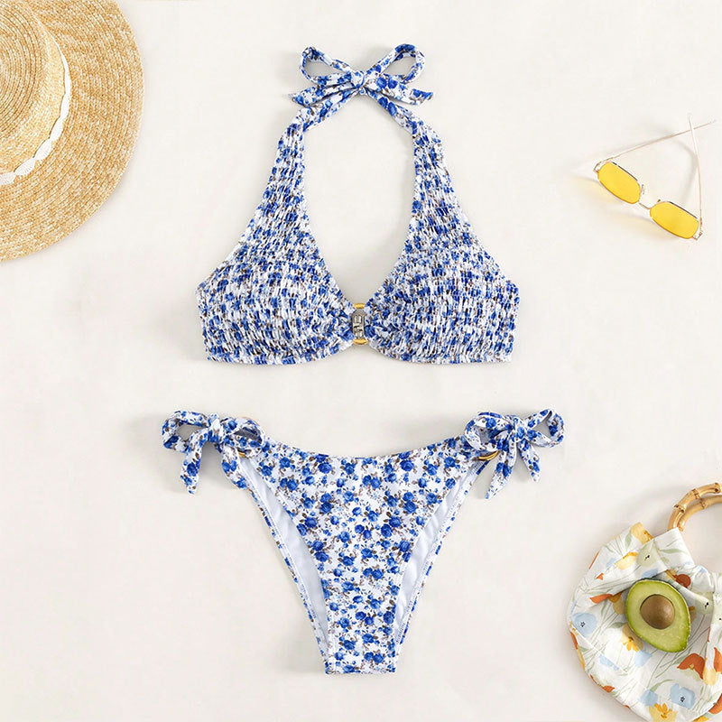 Dame Halter-Bikini med blomstret design og legende bindebånd Skovae