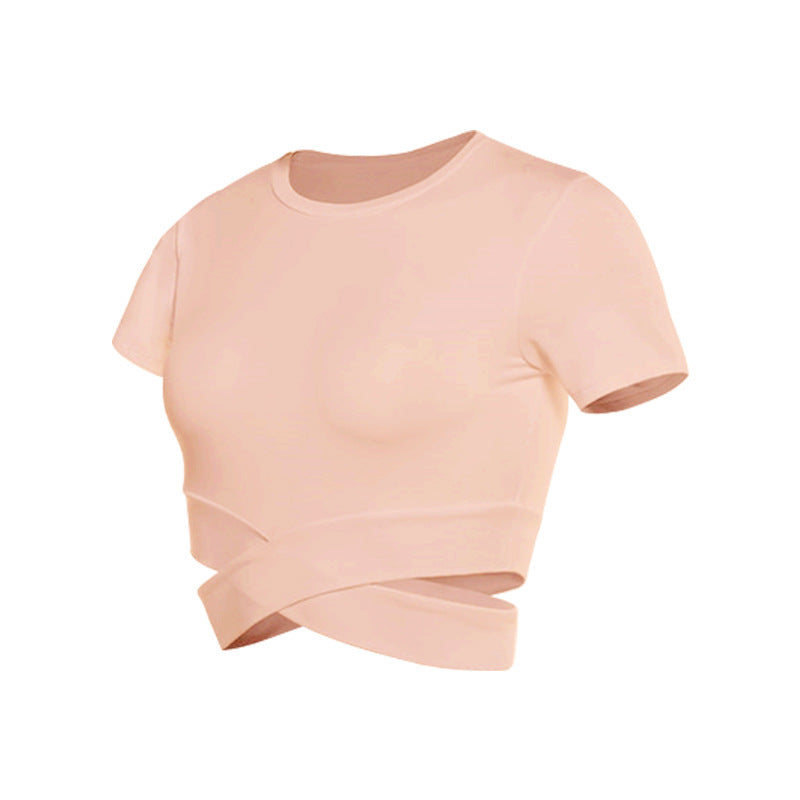 Dame kortærmet træning crop top med innovativ indpakningsoptik Skovae