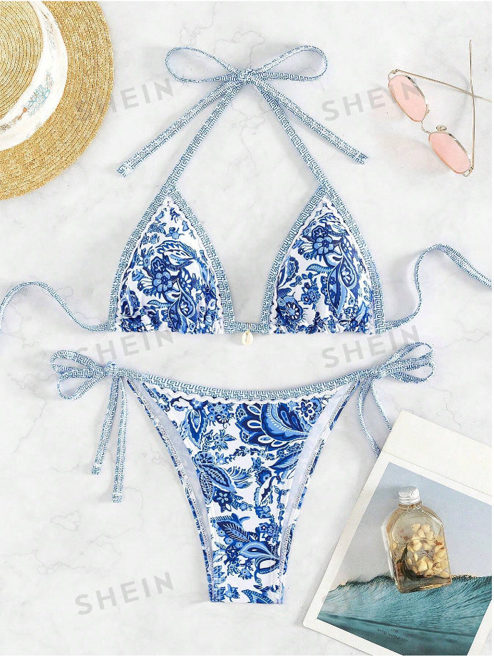 Dame triangel-bikini-sæt med florale accenter og justerbare stropper Stilla