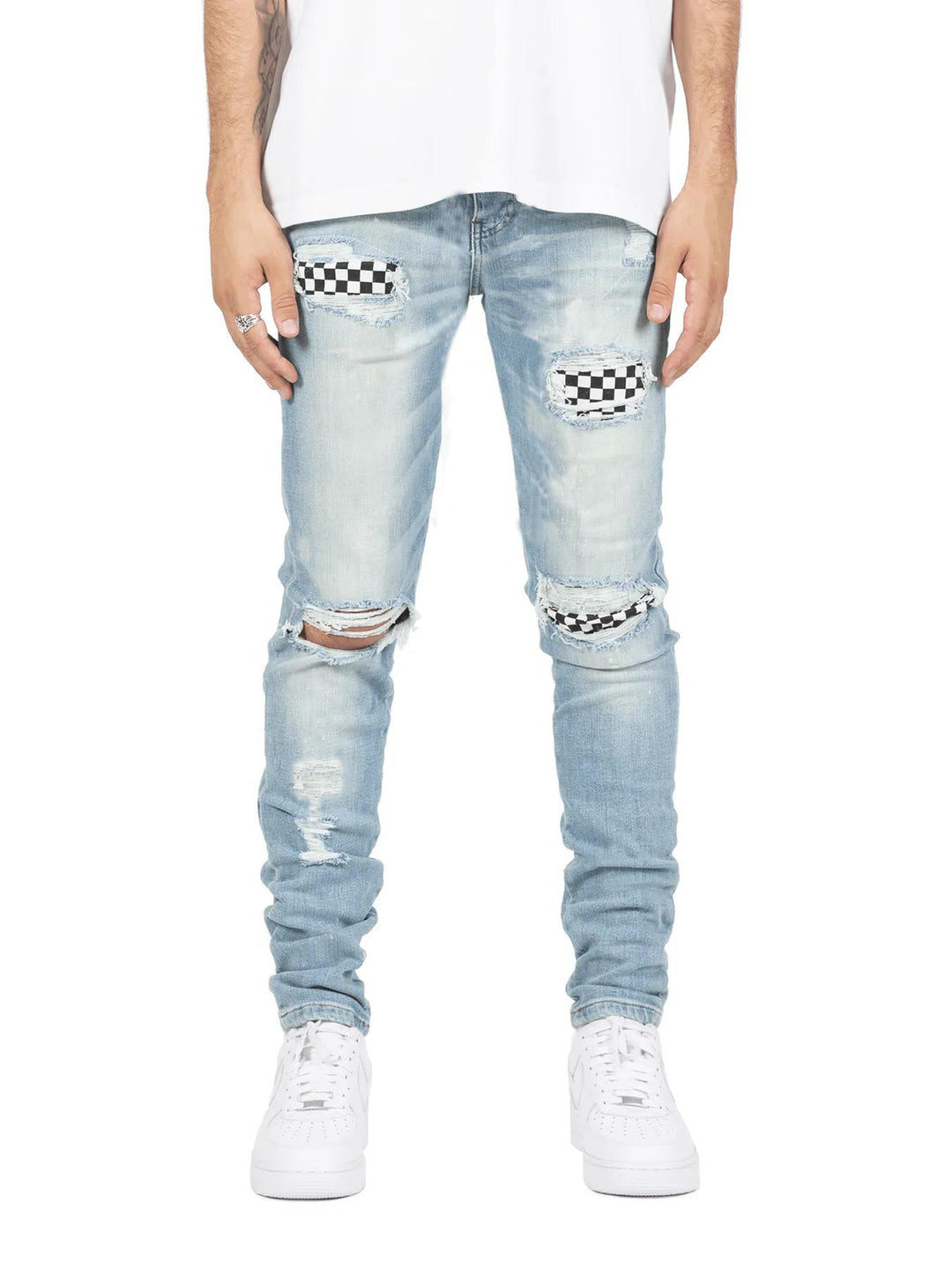Herrer Slim-Fit Jeans med iøjnefaldende destruktionsdetaljer og ternede applikationer Stilla