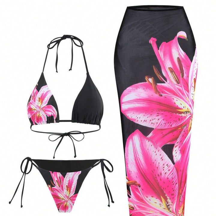 Dame triangel-bikini med blomstret og dyremønster Skovae