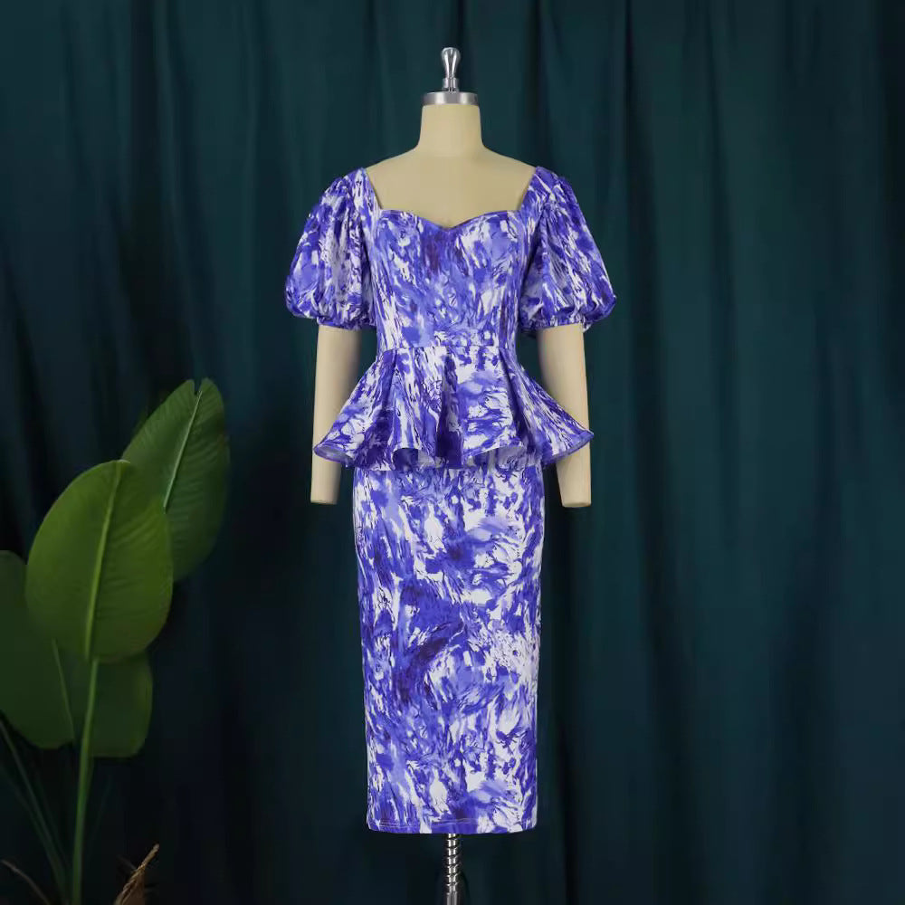 Dame elegant midi kjole med puffærmer og raffineret talje Skovae