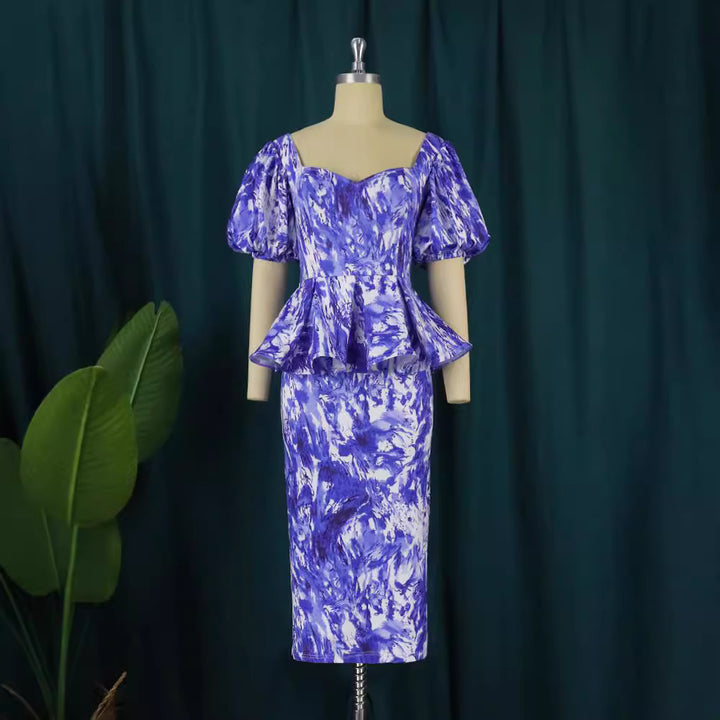 Dame elegant midi kjole med puffærmer og raffineret talje Skovae