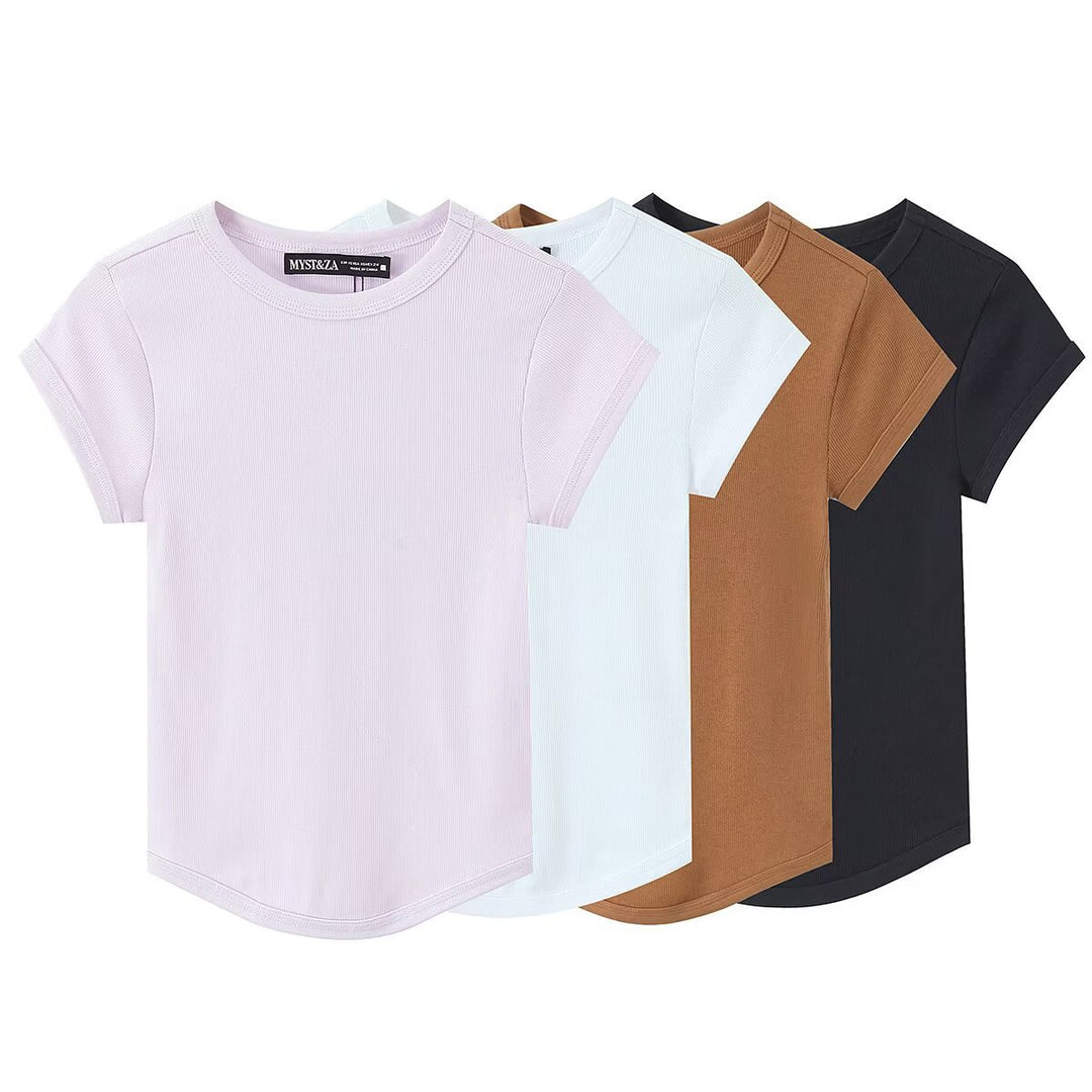 Dame kvalitets, figursyet Basic T-shirt med fint ribstrik Skovae