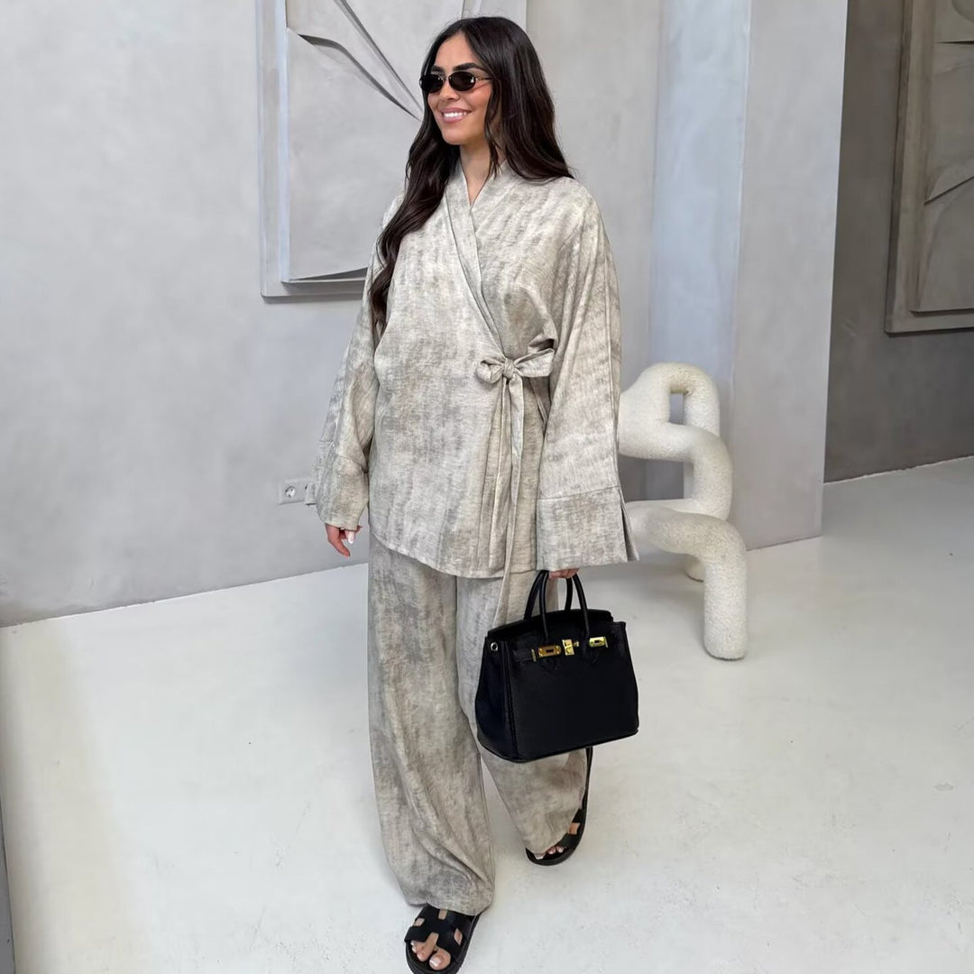 Femme Elegante Wrap Blouse og Wide Pants Sæt Stilla