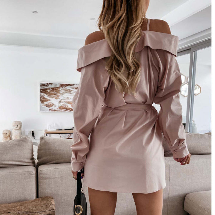 Dame Off-Shoulder Knappeløs Blusekjole med Knappet Talje