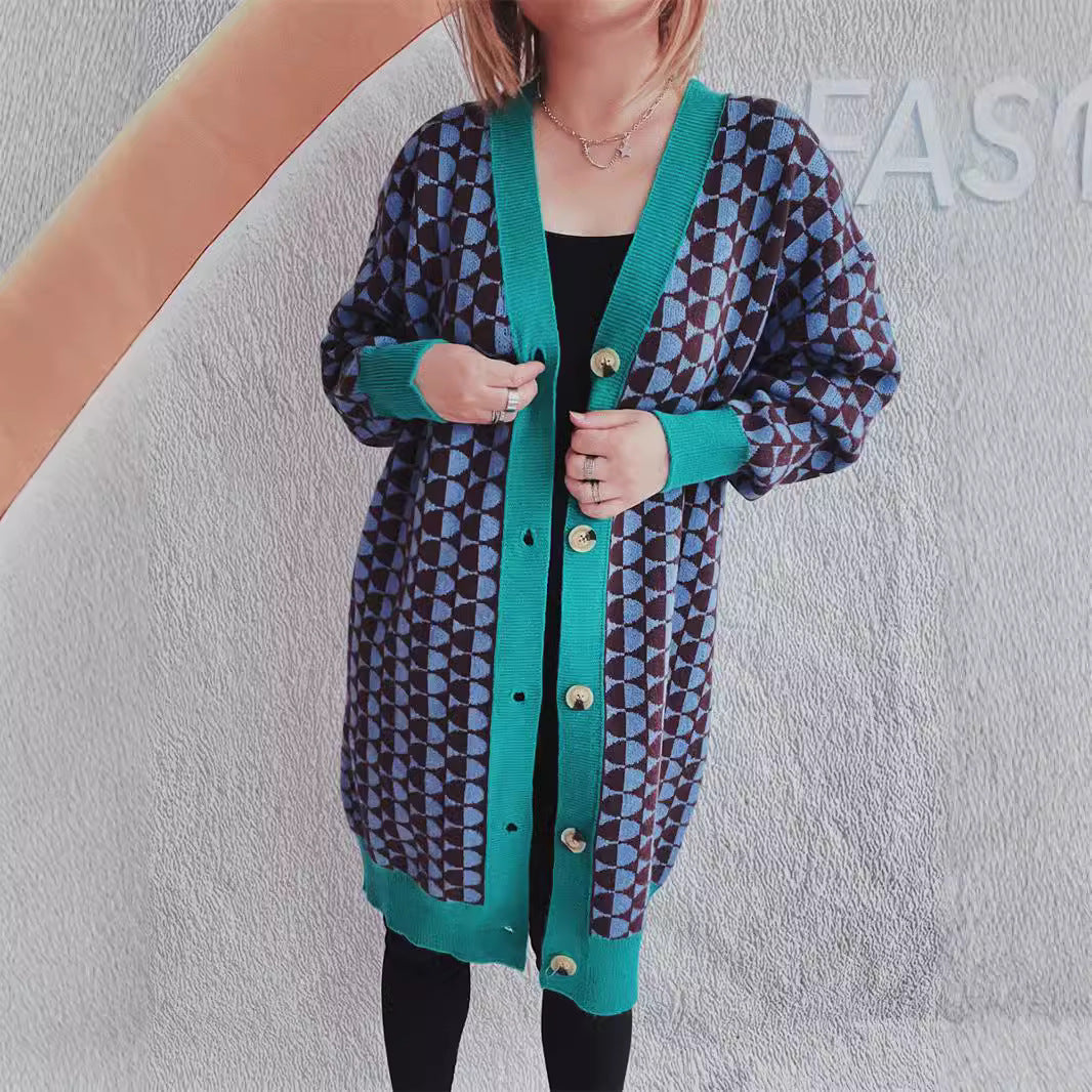 Damernes afslappede strikket cardigan med moderne geometrisk mønster og praktiske lommer Stilla