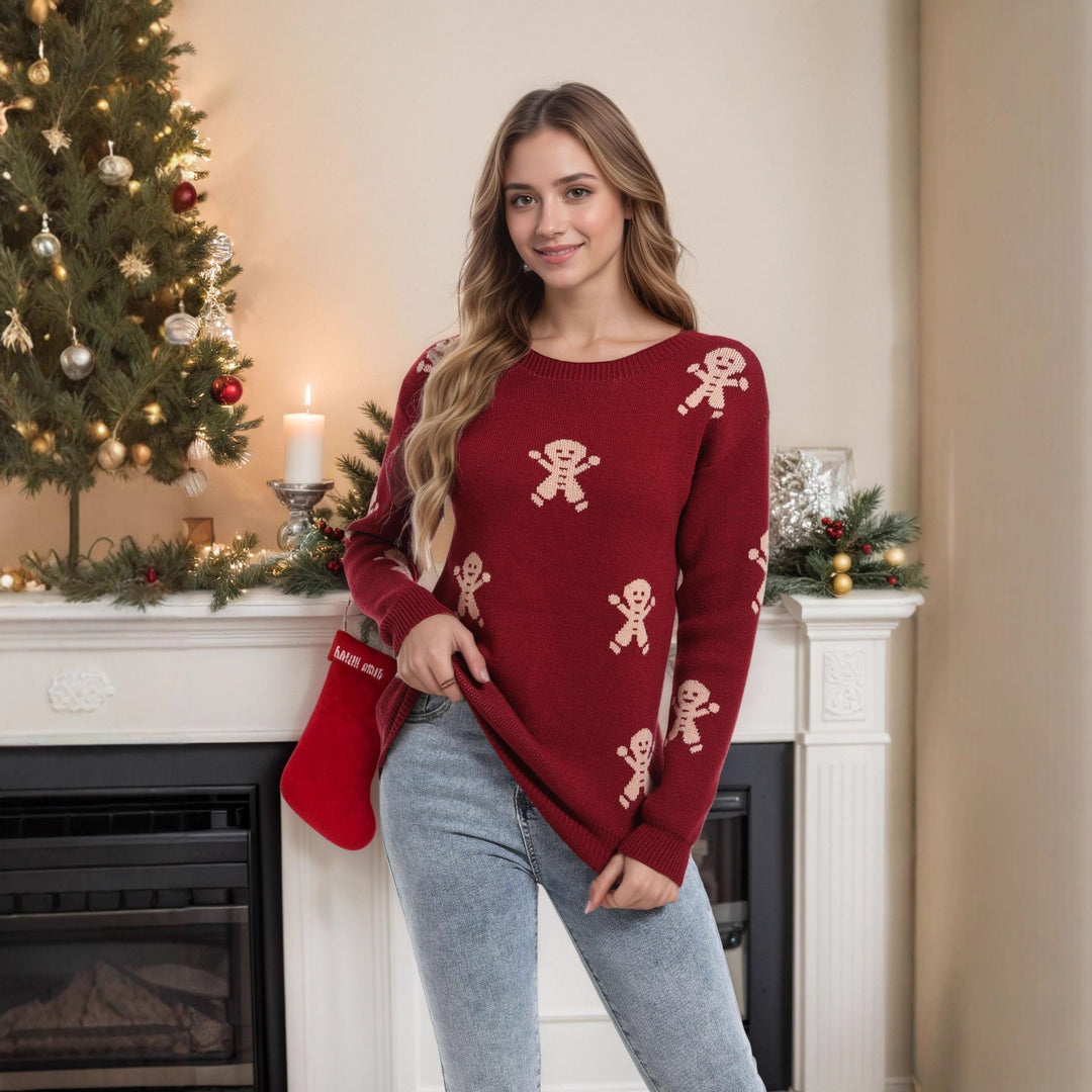 Kvindelig strikket sweater med festligt ingefærbrødsmotiv og løs pasform Stilla