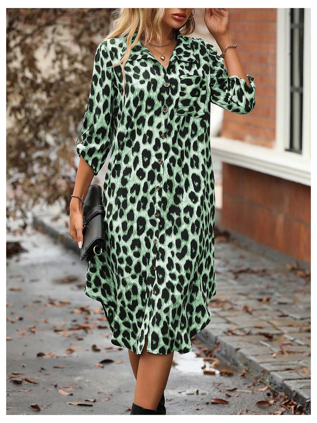 Femme Stilfuldt Leopardmønster Lang Knap-op Kjole Stilla