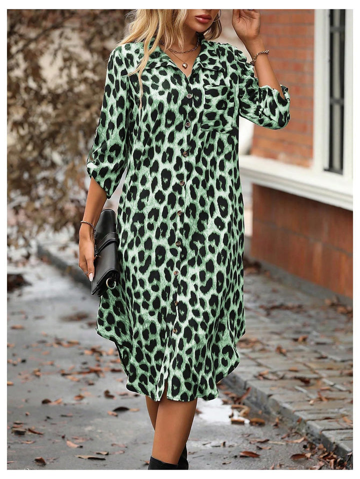 Femme Stilfuldt Leopardmønster Lang Knap-op Kjole Stilla