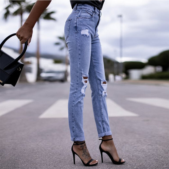 Dame Ripped High-Waist Jeans i casual Boyfriend-stil med Destruction-detaljer Stilla