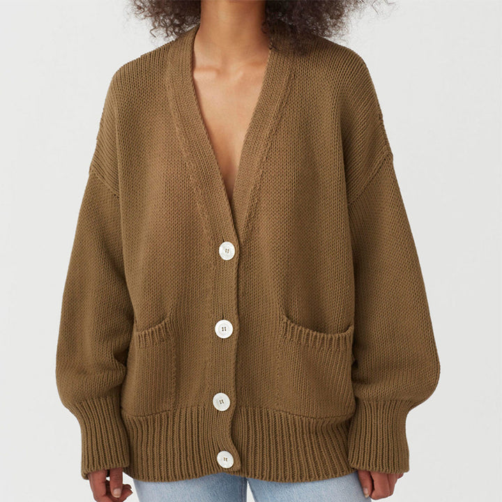 Dame Oversized Strikjakke med Lommer og V-Hals Stilla
