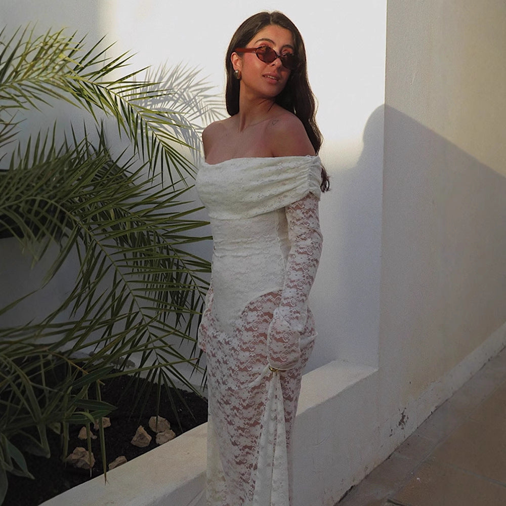 Dame Rynked Maxikjole med off-shoulder design og voluminøse ærmer Stilla