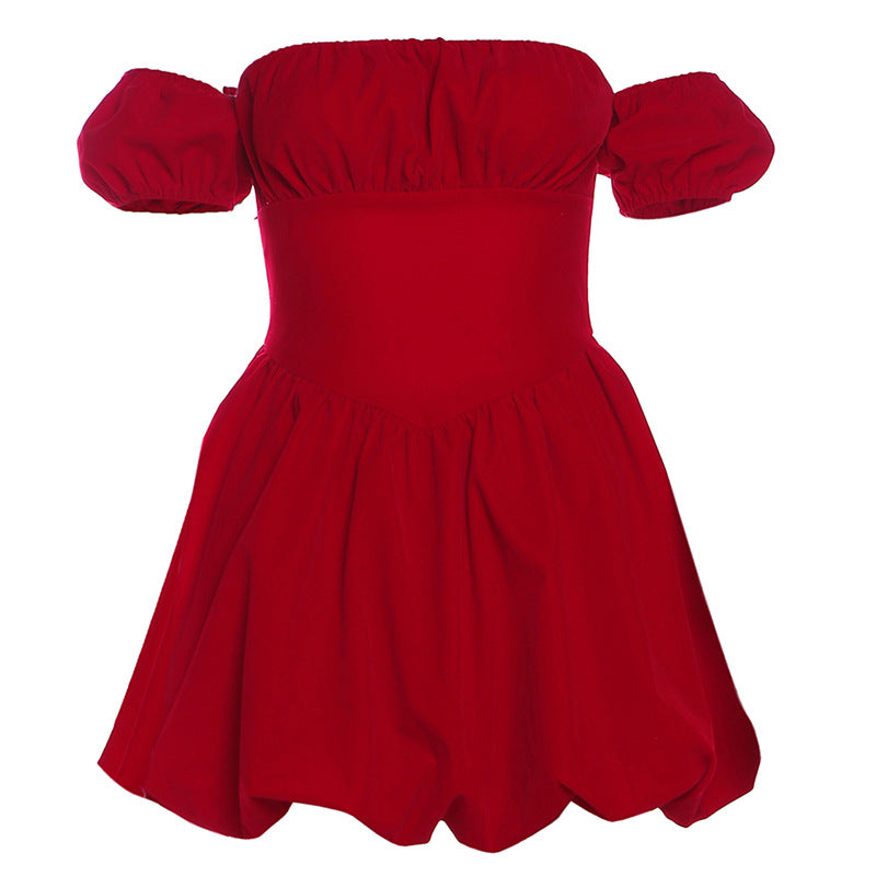 Dame Off-Shoulder Kjole med voluminøse Puffærmer og bred Kant Stilla