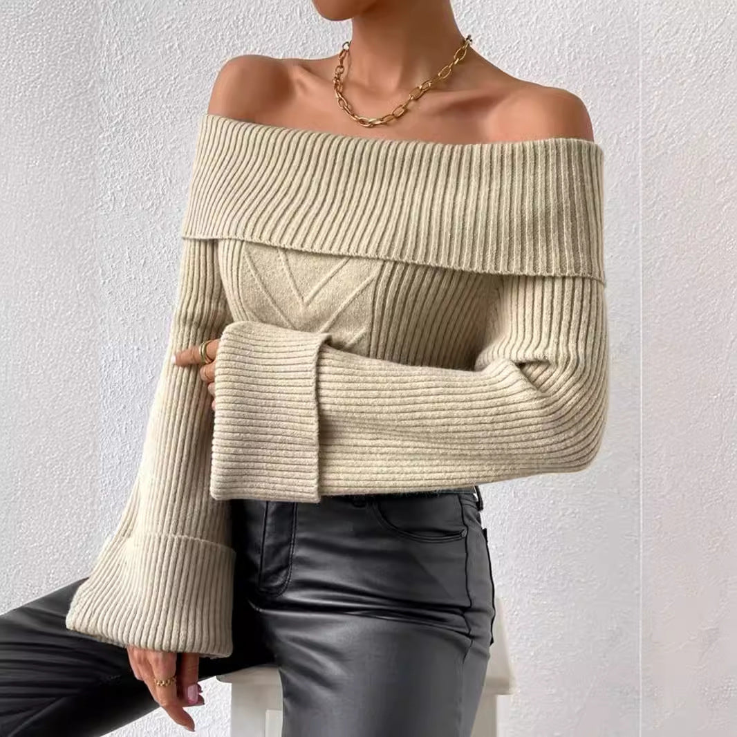 Dame Off-Shoulder Strikpullover med bredt bånd og ribstruktur Stilla