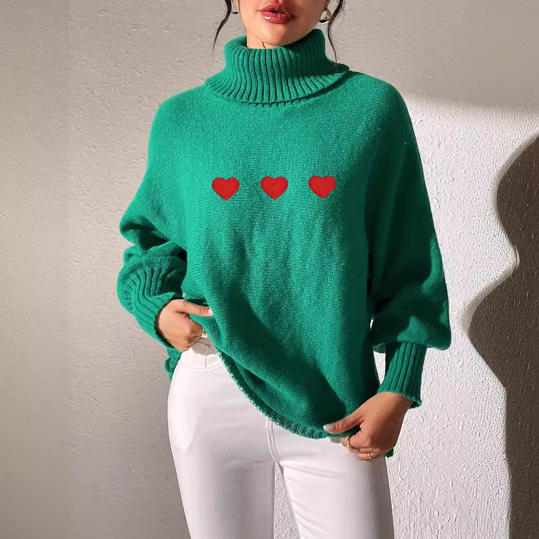 Dame Oversized Strikpullover med Rullekrave og Hjertemotiv Stilla
