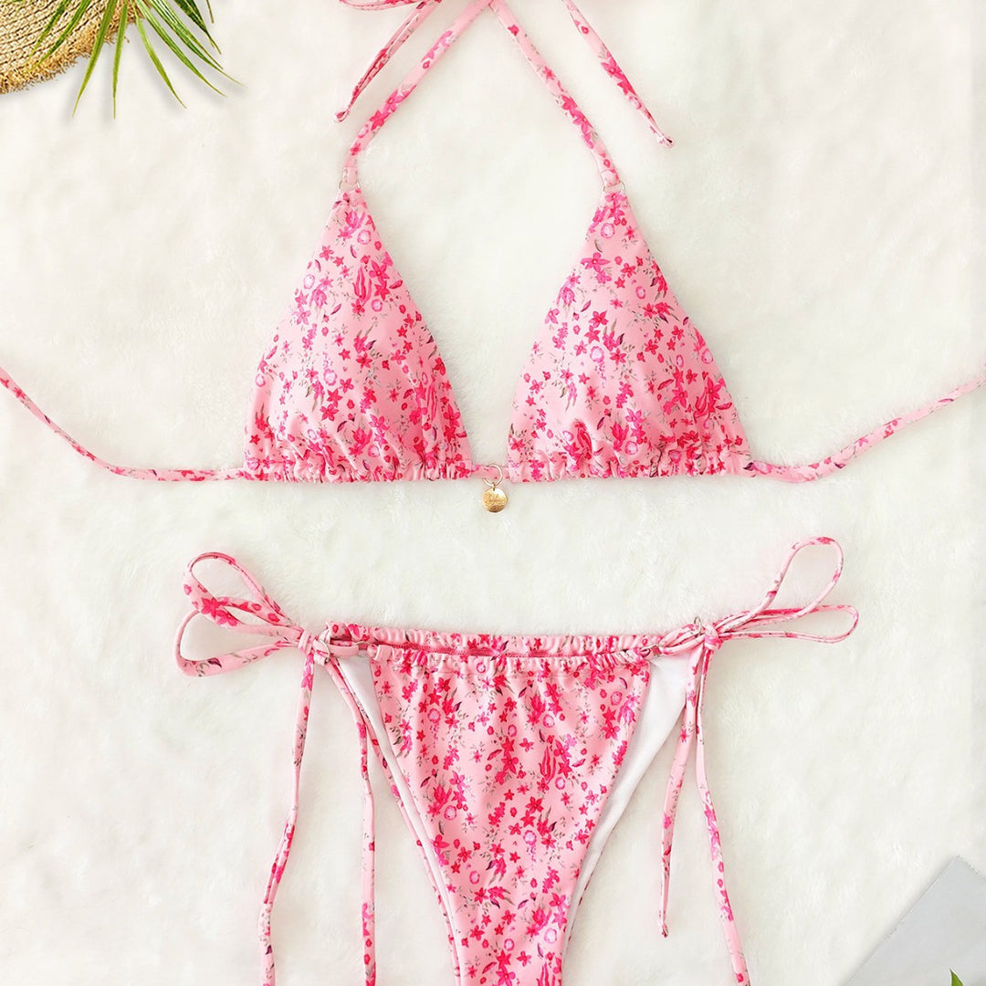 Dame triangel-bikini med blomsterligt leopardmønster og justerbare bindebånd Skovae