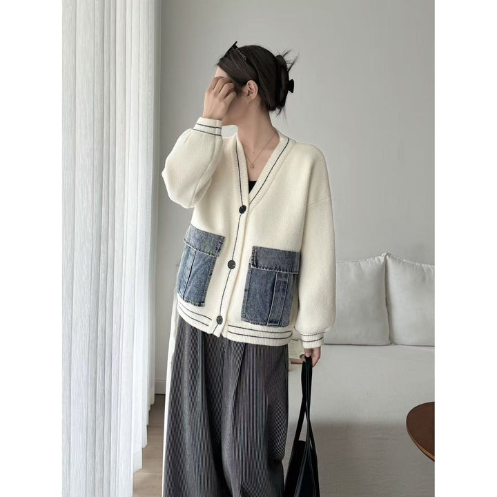 Dame mode cardigan med denim detaljer Stilla
