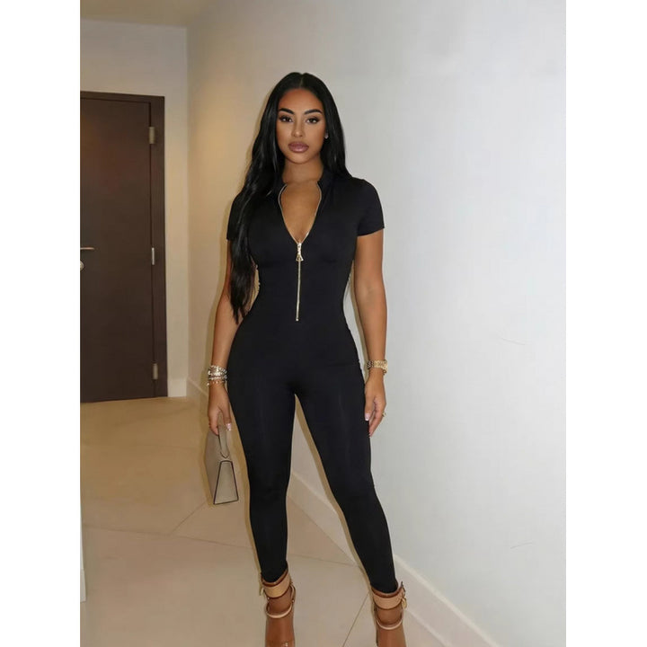 Damen Figurbetonter Jumpsuit mit hohem Ausschnitt und Reißverschluss Skovae