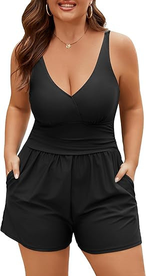 Dame Playsuit med dyb V-udskæring og sidelommer Skovae