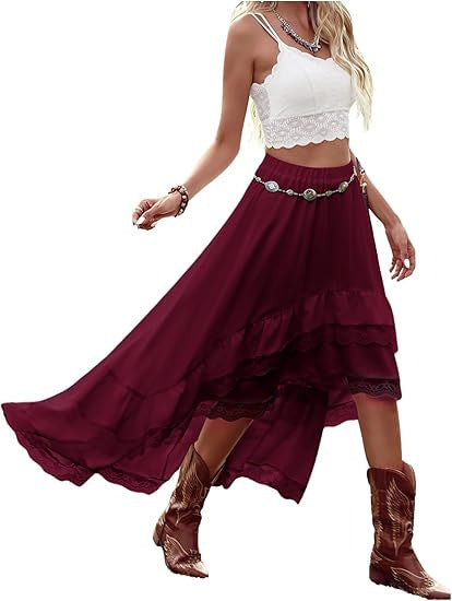 Dame Boho Maxi-nederdel med asymmetrisk kant og spids dekoration Skovae