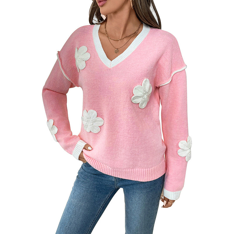 Dame V-hals sweater med blomster-design Stilla
