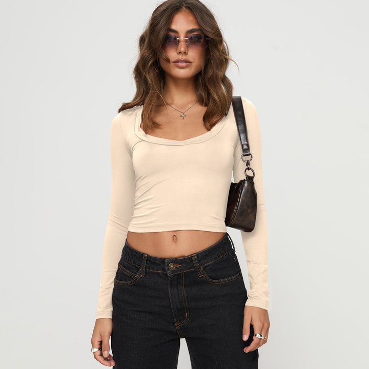 Dame Langærmet Crop-Top med dyb rund halsudskæring af blødt materiale Stilla