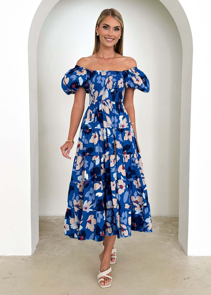Dame Off-Shoulder Maxikjole med voluminøse puffærmer og blomstermønster Stilla
