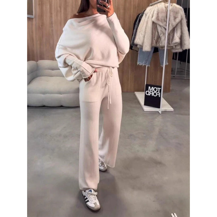 Dame afslappet strik-loungewear-sæt med bredt ben og åben skulder Stilla