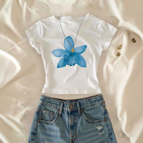 Dame Crop-T-Shirt med floraltryk og afslappet snit Skovae