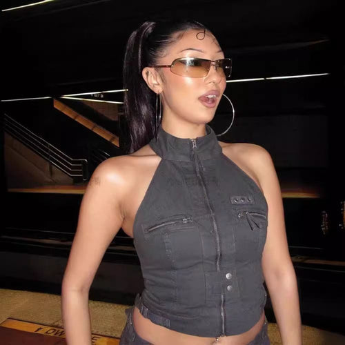 Dame Højkrave Lynlås Denim Crop Top Stilla